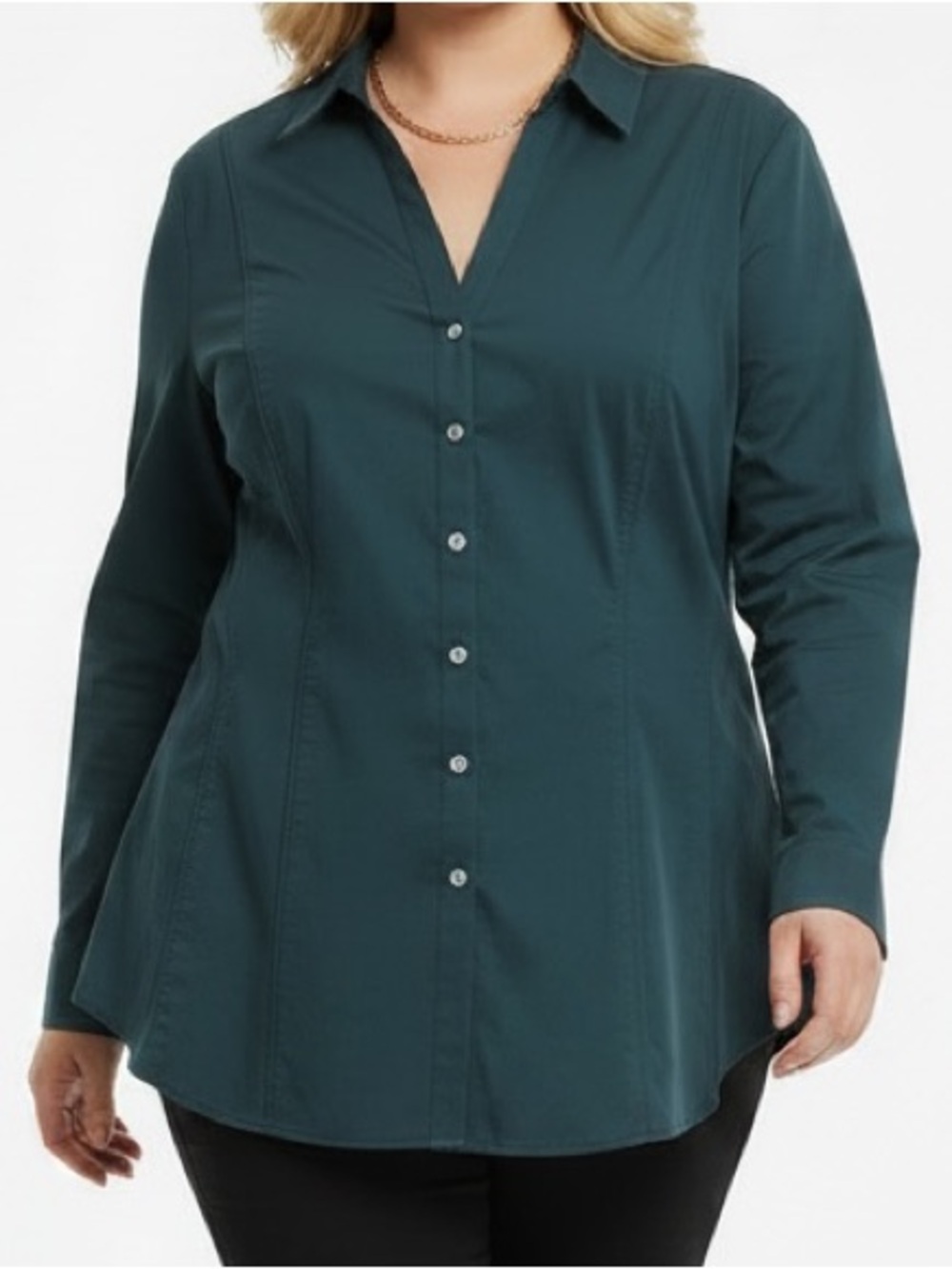 7th Avenue Plus Size Teal Button Up Classic Collared Top V Neck Preppy Blouse XL